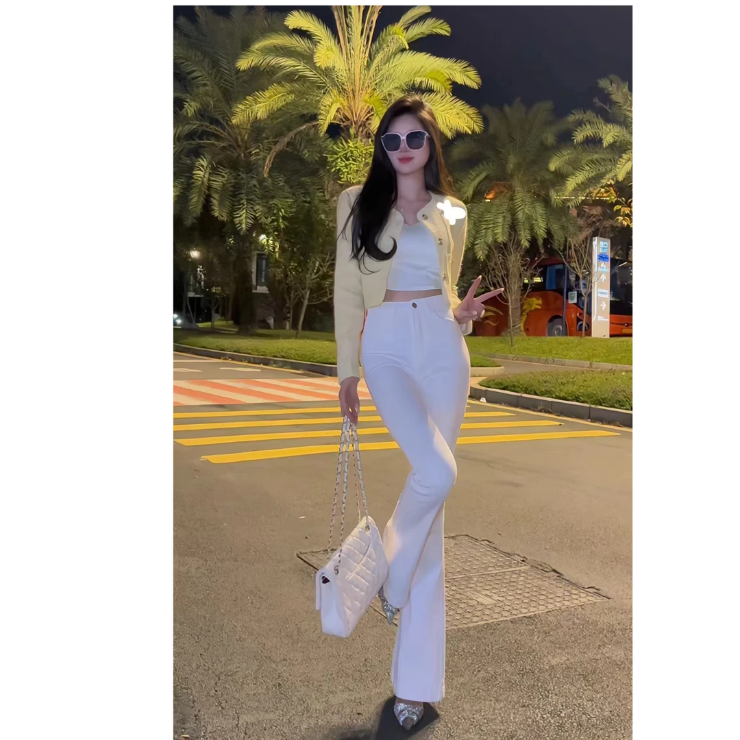 韩国东大门秋季新款名媛小香风气质圆领单排扣外套牛仔裤白搭套装