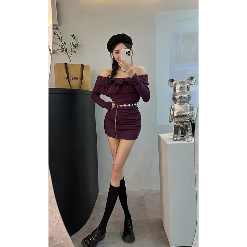 2024秋季新款纯欲风双层荷叶边一字肩连衣裙褶皱包臀裙