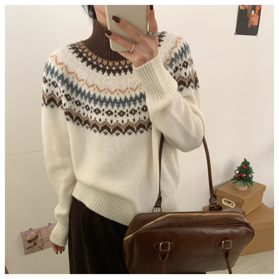 【茉者】100%全羊毛高龄费尔岛工艺毛衣保暖宽松时尚韩系888秋冬