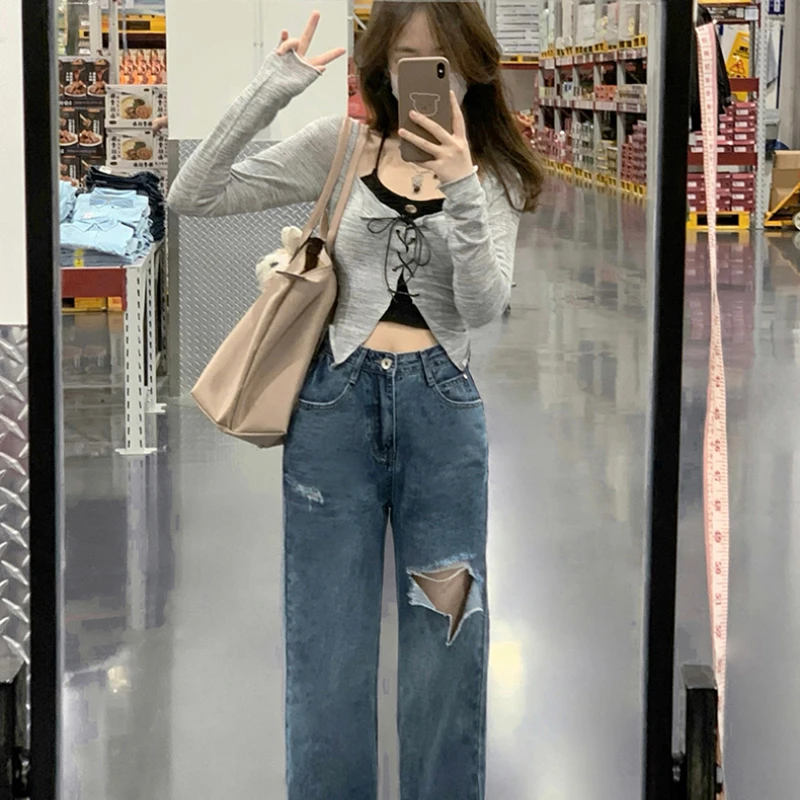 美式甜辣妹风chic短款紧身纯欲吊带开衫外搭罩衫两件套小上衣春秋