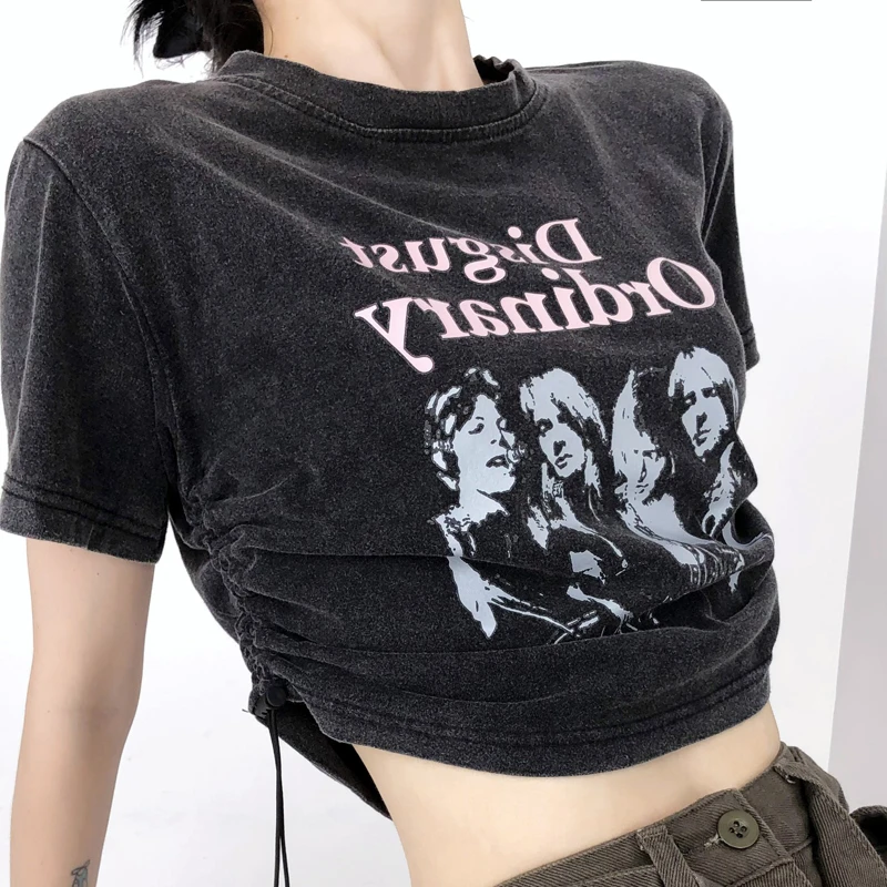 美式复古正肩短袖t恤女秋短款抽绳小众设计感甜辣酷妹爵士舞上衣