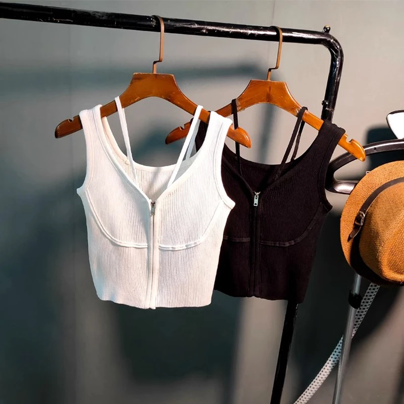 欧美甜辣妹风设计感双肩带拉链针织吊带背心女秋短款修身爵士上衣