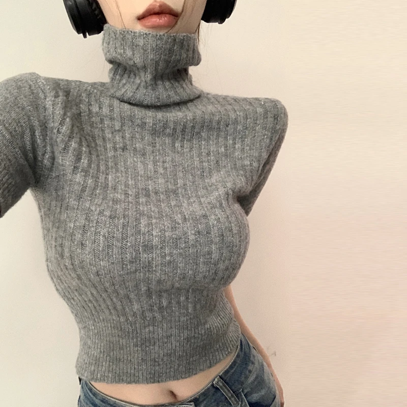 高领修身短款打底针织衫女秋内搭毛衣高级设计感别致独特短袖上衣