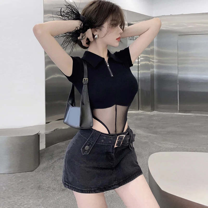 黑色网纱拼接短款连体上衣女春秋季设计感纯欲风修身显瘦短袖T恤