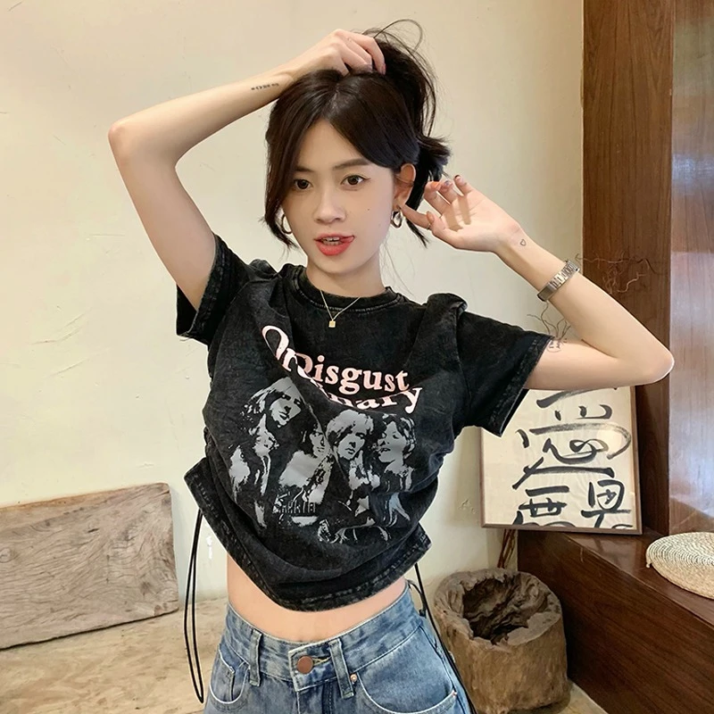 美式复古正肩短袖t恤女春秋短款大码胖mm微胖宽松甜辣酷妹小上衣