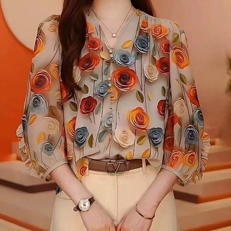 裸眼3D雪纺衫碎花显瘦气质7分袖洋气时尚宽松印花长袖夏季复古