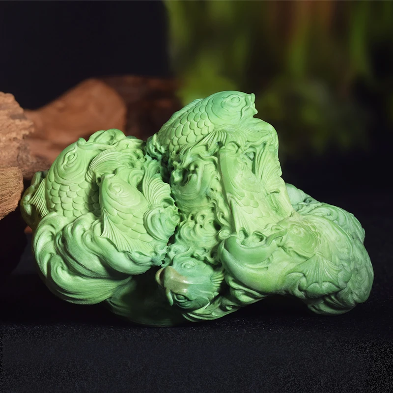 品众珠宝甄选天然原矿绿松石九鲤雕刻摆件刘亚雷亲工手工雕菜籽黄