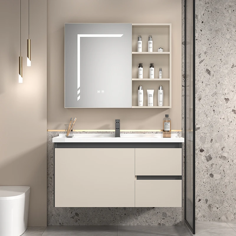 卡其色抽屉款太空铝浴室柜现代卫生间洗脸盆组合陶瓷一体岩板台下