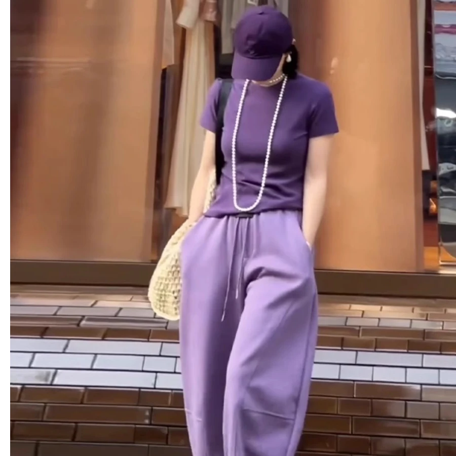 紫色百搭气质遮肉套头T恤小衫女秋季新款休闲显瘦阔腿裤两件套装