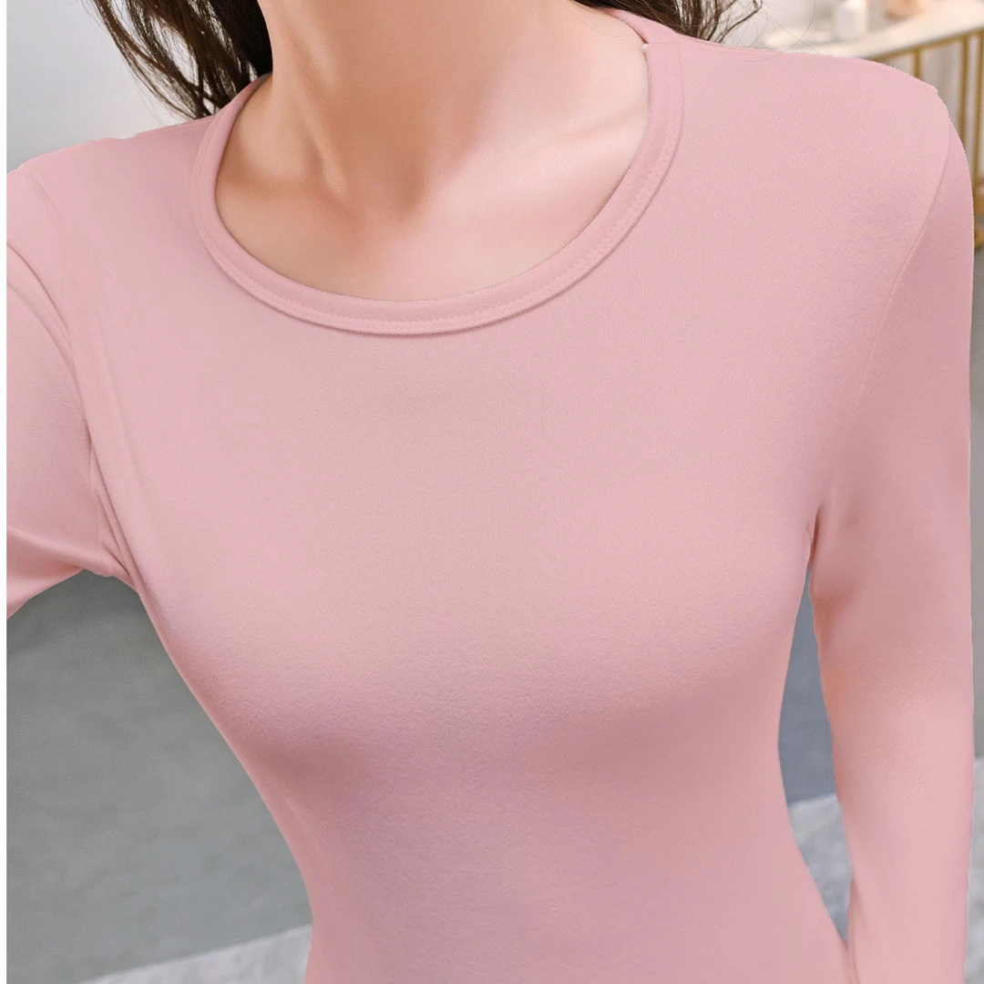 女士圆领长袖打底衫秋冬修身保暖加厚内搭t恤纯色春秋百搭加绒
