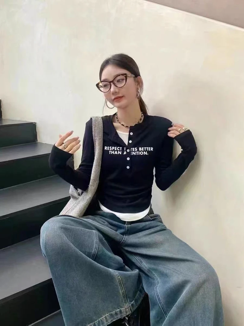 欧洲站休闲小衫上衣2024秋新款港风字母印花假两件撞色内搭T恤女
