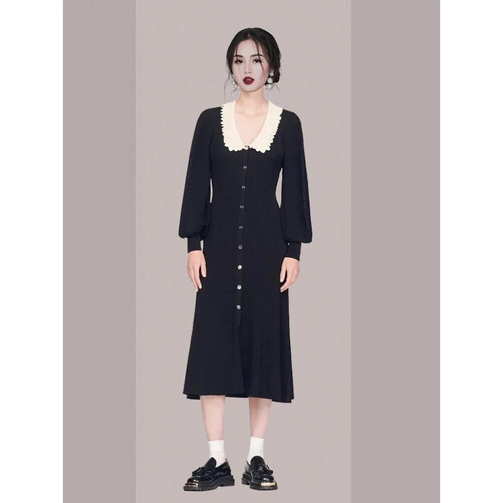 经典款女装法式撞色翻领泡泡袖黑色针织连衣裙针织裙赫本风