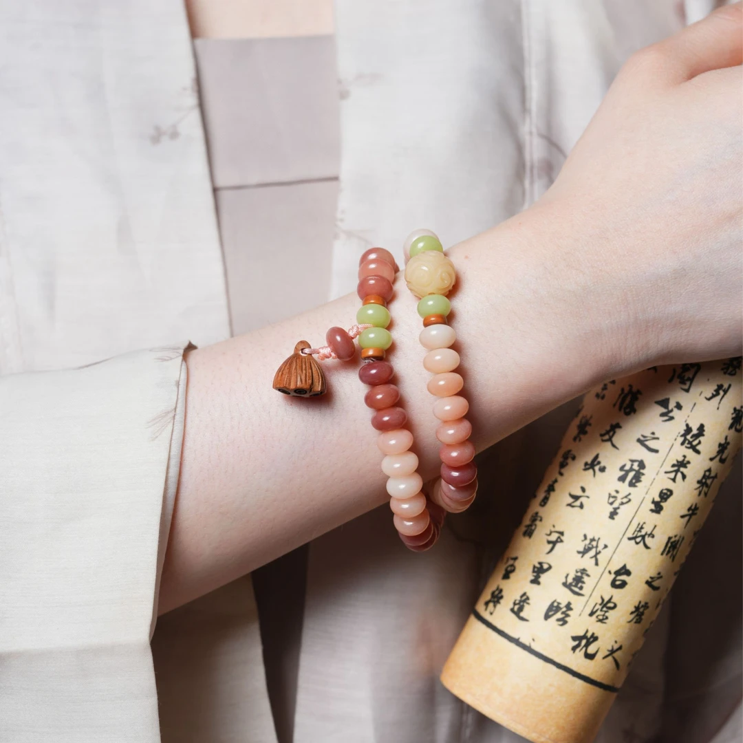 【道木文创】渐变桃花醉 莲蓬小米珠 白玉菩提双圈