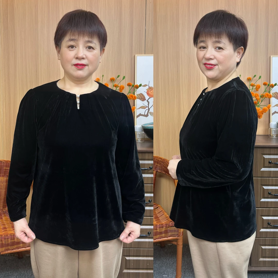小个子妈妈春秋宽松金丝绒时尚宽松遮肚显瘦长袖上衣黑色复古百搭