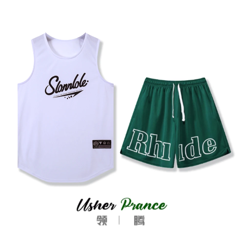 新款夏季运动服透气美式背心运动套装宽松潮流男女4分跑步服2301