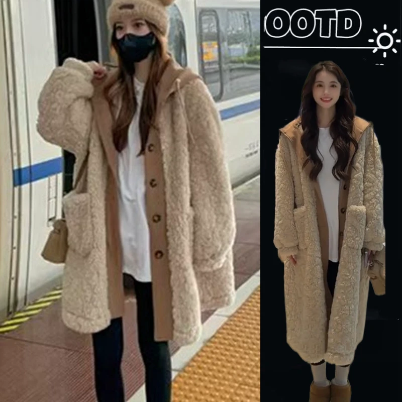 韩系假两件连帽毛毛外套女冬季慵懒风高级新款棉袄松弛感穿搭大衣