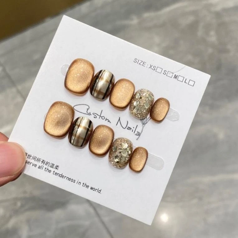 【乌龙摩卡】咖色猫眼闪片纯手工穿戴甲美甲贴片假指甲香槟气质款