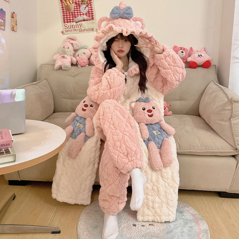 冬季三层夹棉保暖加绒加厚睡袍女休闲大码法兰绒家居服睡衣套装