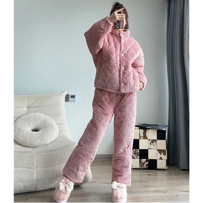 pink grape冬季夹棉袄睡衣短版休闲面包服女加厚加绒可外穿家居服