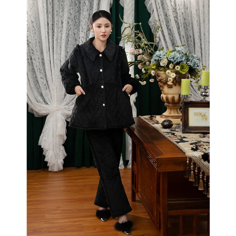 韩版冬季三层夹棉加厚女士睡衣甜美花边减龄加绒收腰可外穿家居服