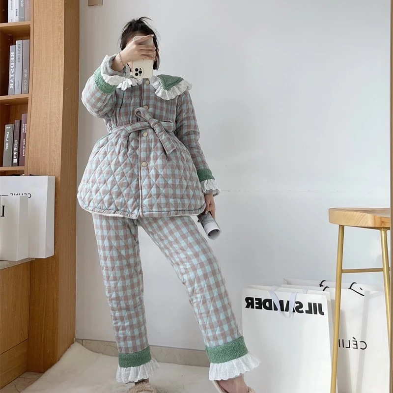 薄荷绿格子冬季三层夹棉加厚女睡衣甜美公主风加绒外穿保暖家居服