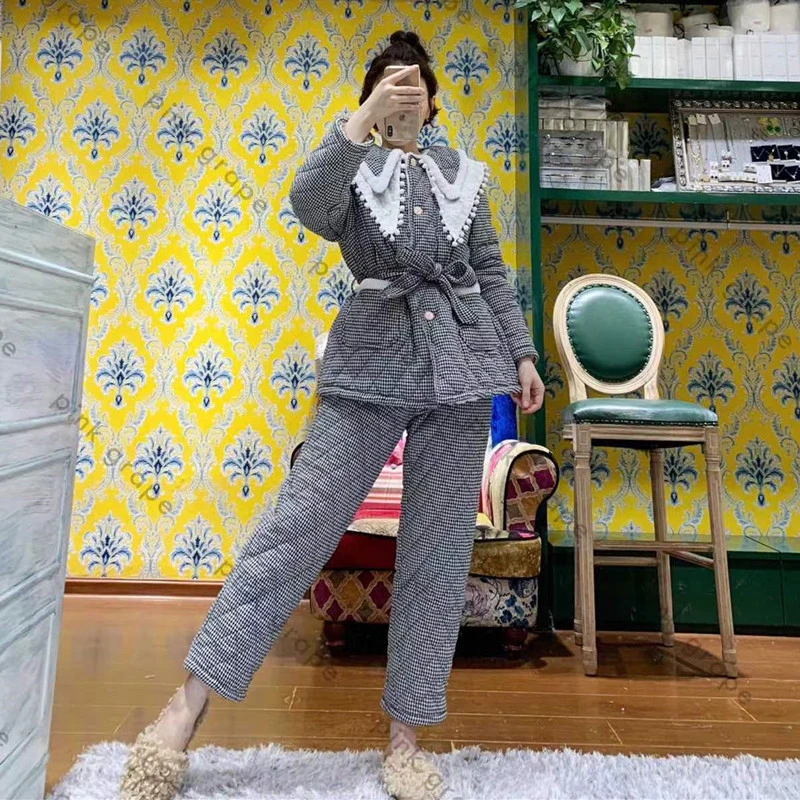 冬季纯棉三层夹棉女士睡衣甜美公主风格纹加绒加厚外穿家居服套装