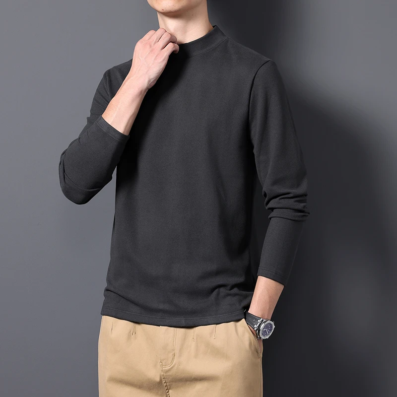 2024秋冬新款男士加厚德绒打底衫纯色半高领宽松舒适长袖T恤男