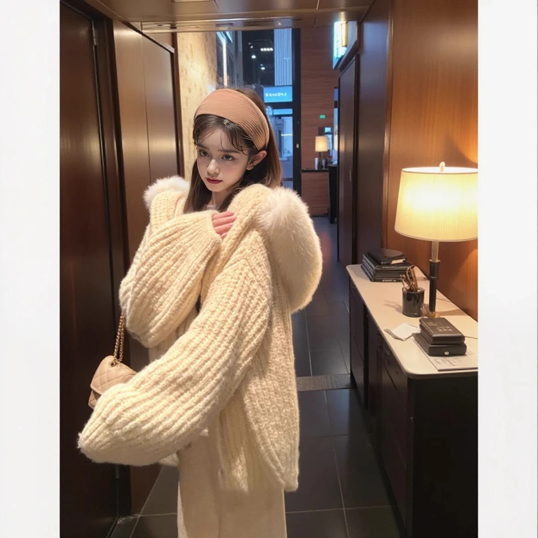 慵懒松弛感连帽毛领开衫毛衣女宽松显瘦软糯保暖外套2025冬季新款