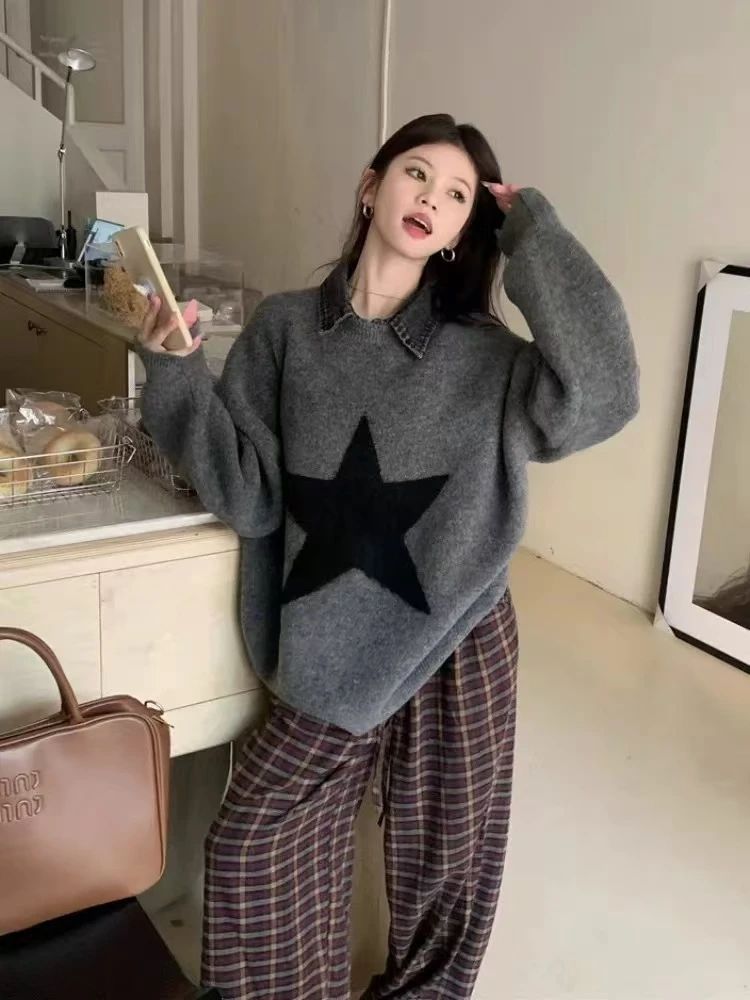 加厚慵懒宽松中长款针织上衣polo领假两件星星毛衣牛仔拼接女冬季