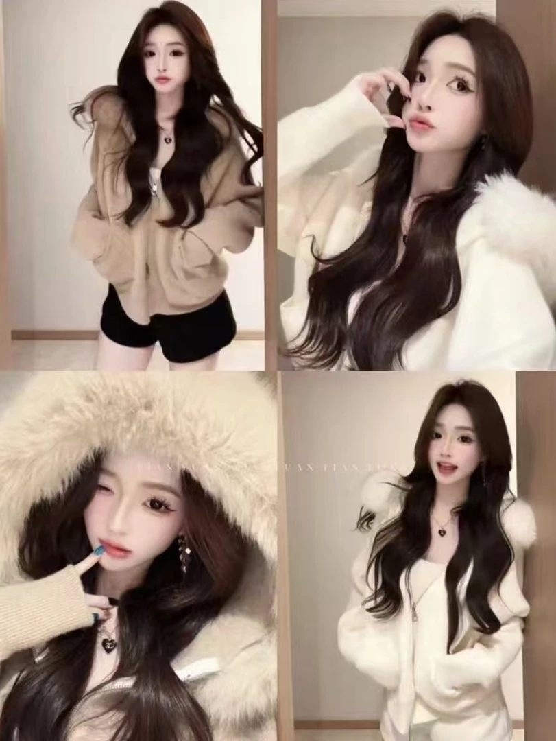 温柔白色连帽拉链针织外套女拼接毛领2025春季新款韩系慵懒风开衫