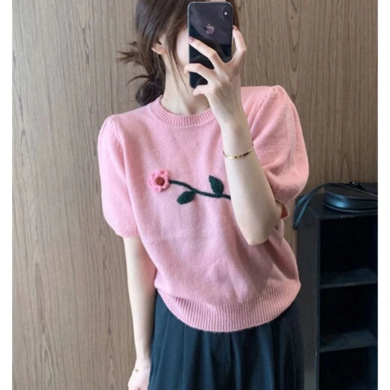 粉色小香风泡泡袖针织正肩短袖t恤女夏刺绣高腰短款半袖上衣