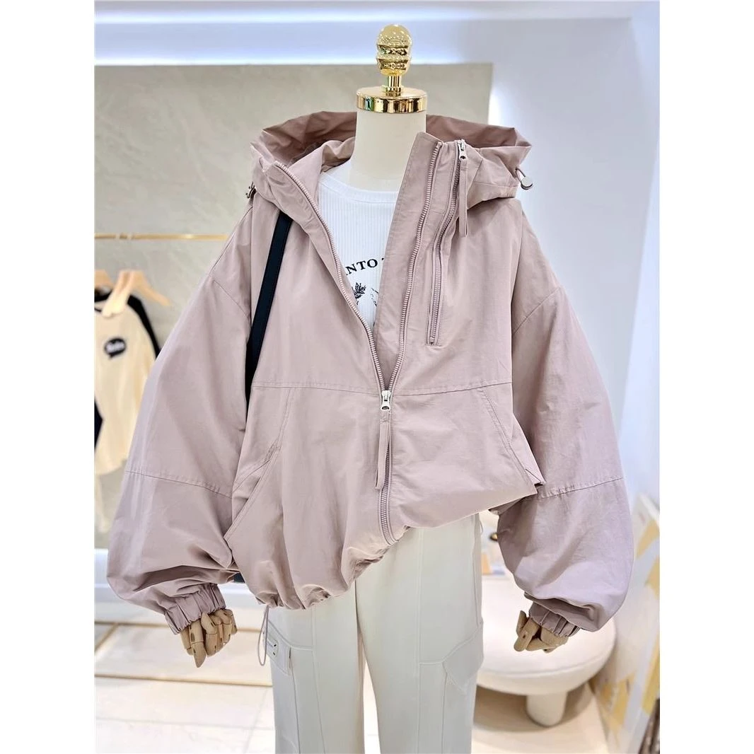 韩版简约纯色个性拉链设计慵懒宽松抽绳冲锋衣风衣连帽外套女休闲