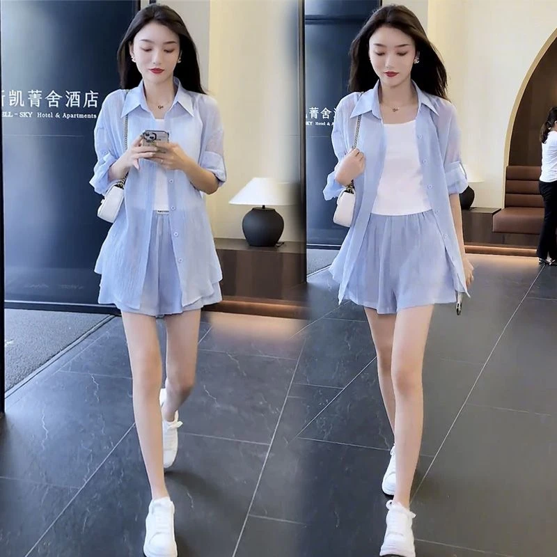 小香风防晒套装女2025年夏季新款洋气宽松减龄休闲衬衣短裤两件套