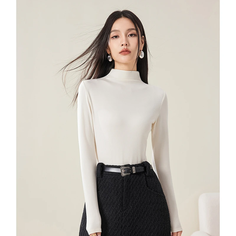 桑蚕丝自发热打底衫女202秋冬季新经典百搭半高领米白色保暖上衣
