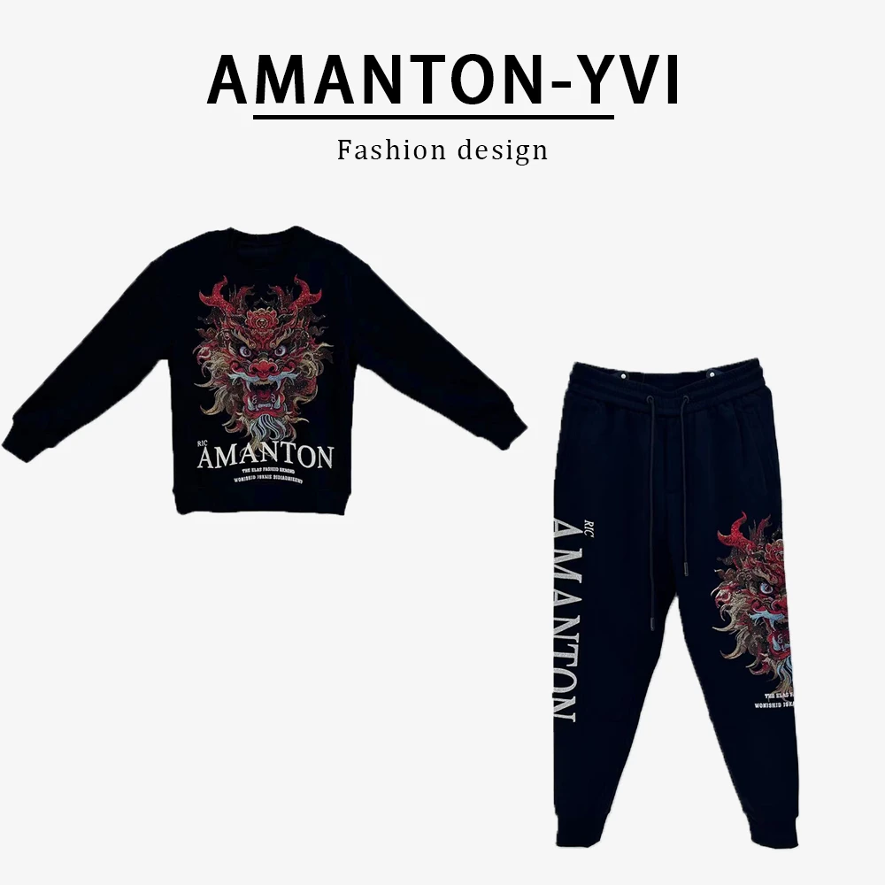 网红秋冬黑色立体时尚轻奢龙头加绒圆领套头重工男士卫衣11656