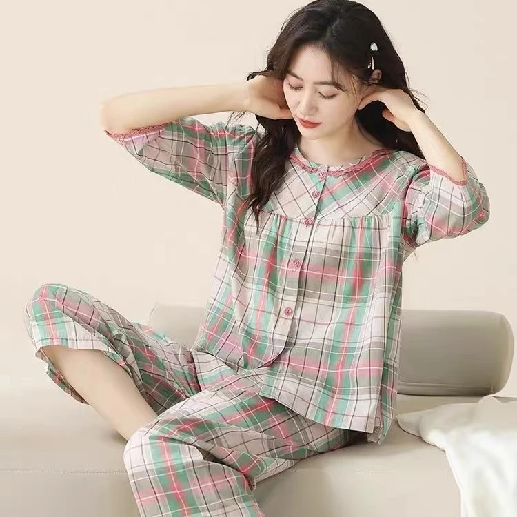 100%全棉格子家居服春夏季薄款纯棉睡衣女七分袖七分裤可外穿套装
