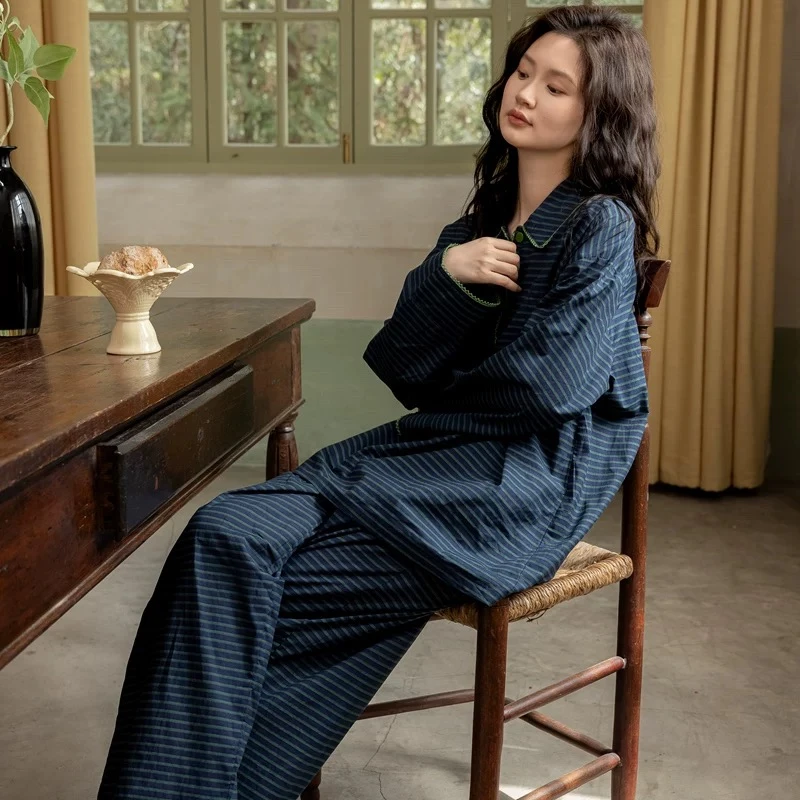 新款条纹娃娃领睡衣女套装春秋季夏天薄款纯棉简约长袖家居服