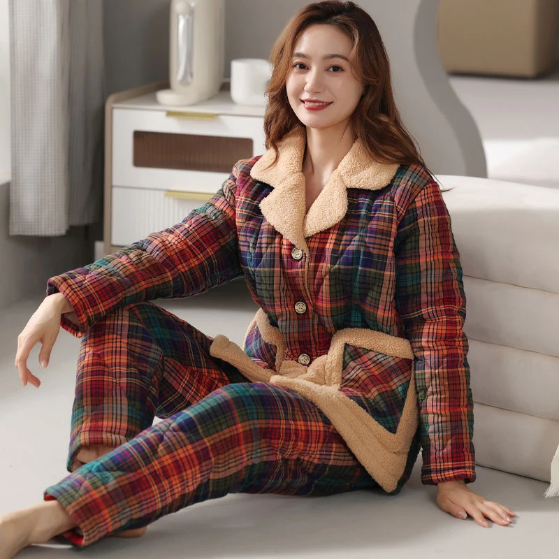 三层加厚夹棉袄保暖冬款长袖格子睡衣女秋冬新款大码可外穿家居服