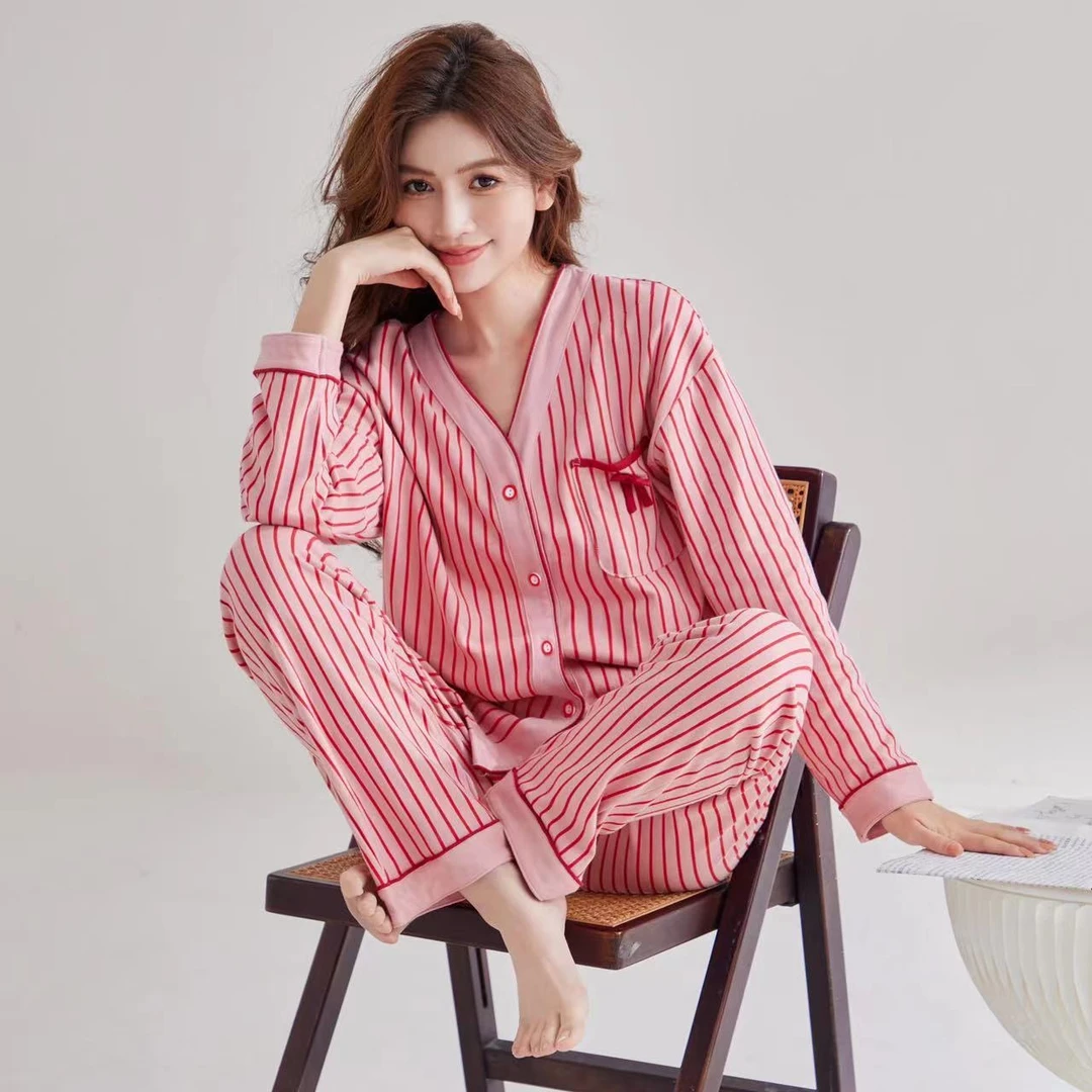 新款100%纯棉睡衣女春秋季长袖条纹开衫V领高档家居服可外穿