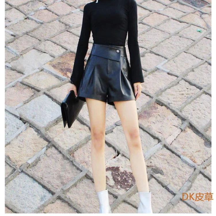 海宁源头工厂老板娘粉丝浮力休闲时尚百搭高腰松紧显瘦真皮短裤女