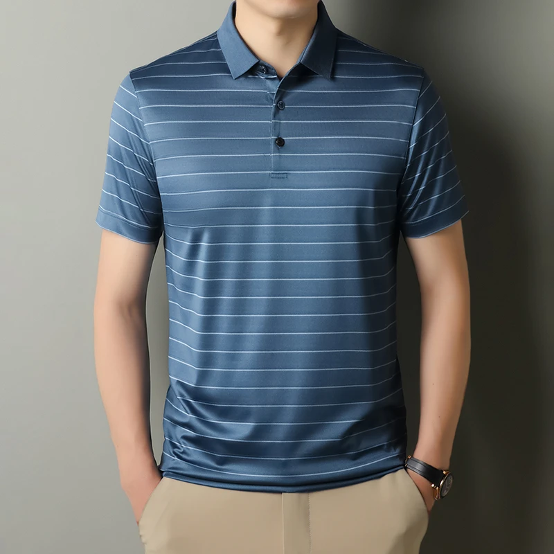 【6A桑蚕丝】夏季新款中年男士翻领商务经典桑蚕丝条纹短袖1688