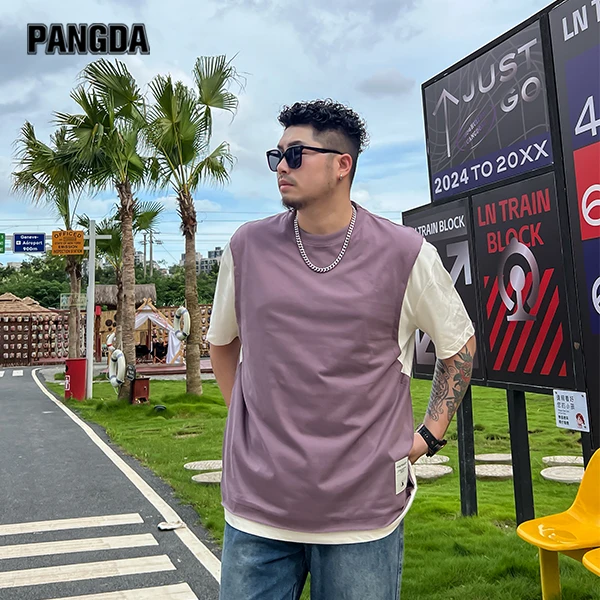 【撞色假两件短T】PANGDA大码夏装加肥加大半袖宽松潮流透气圆领