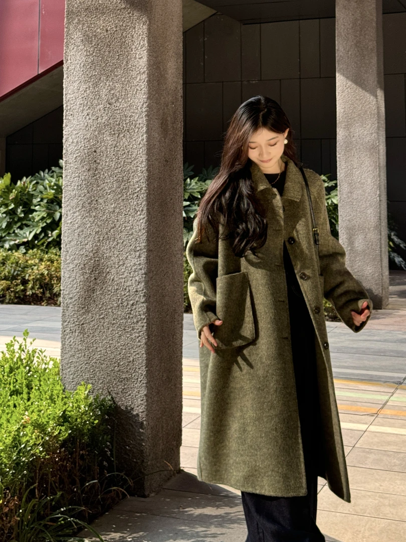 欧版立体3D大口袋羊毛双面呢长款定制时尚大衣宽松秋冬外套设计师