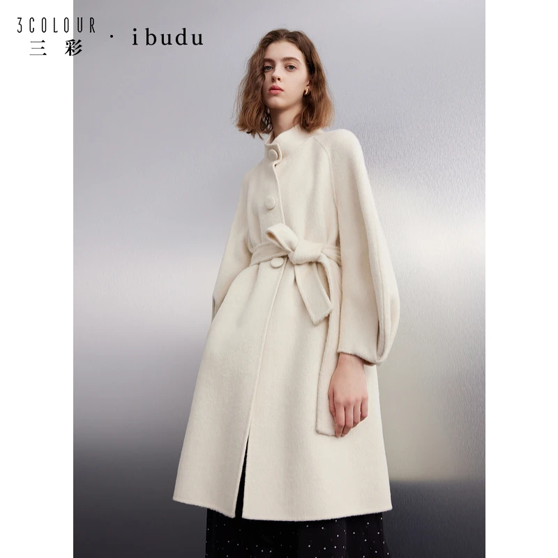三彩ibudu2024冬季新款绵羊毛大衣立领毛呢外套长款设计感女