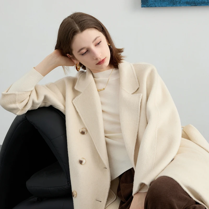 三彩女装2024冬季新款西装领宽松长款双面呢大衣毛呢外套女M