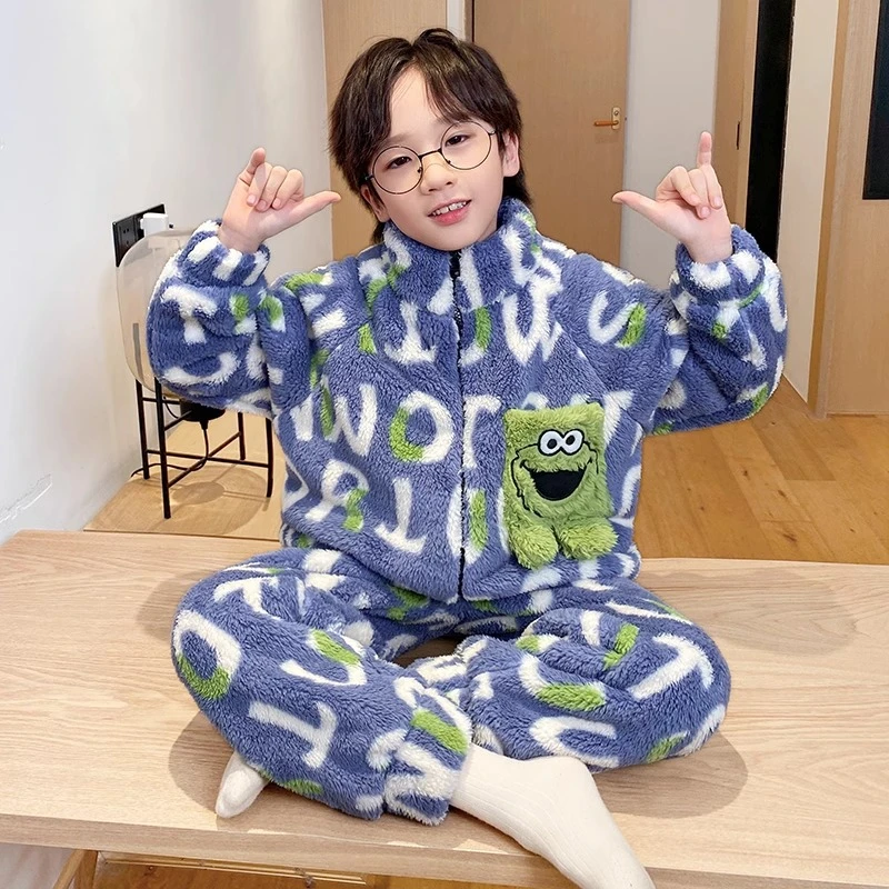 儿童睡衣珊瑚绒秋冬加绒加厚法兰绒男孩卡通芝麻街宝宝家居服套装