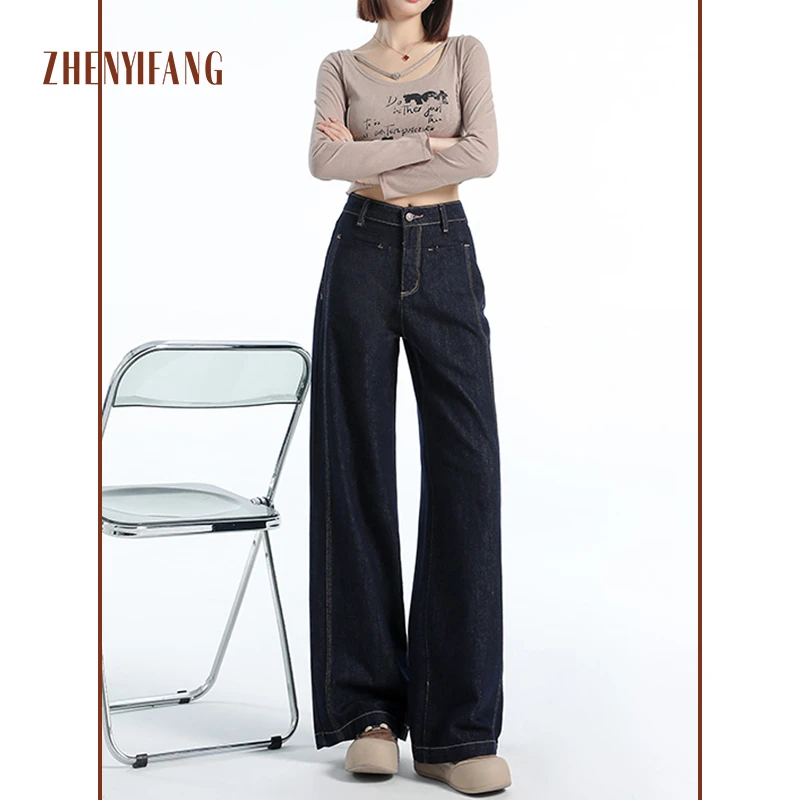 ZHENYIFANG/真衣坊【可姐专属】丹宁蓝阔腿牛仔裤女高腰宽松垂感