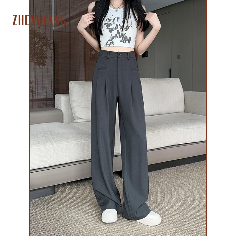 ZHENYIFANG/真衣坊灰色窄版阔腿裤女春夏薄款高腰垂感休闲西装裤