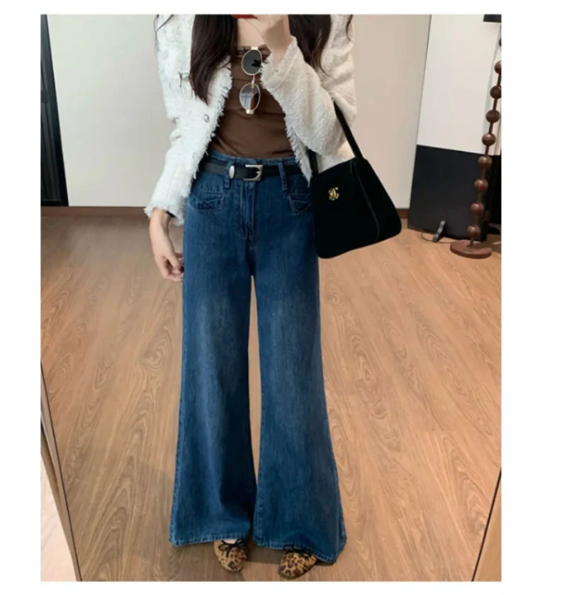 ZHENYIFANG/真衣坊复古蓝阔腿牛仔裤女宽松设计感小众喇叭裤