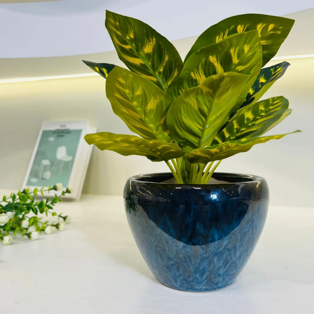 孔雀蓝15口径苹果型陶瓷花盆家用客厅阳台绿植花盆